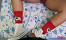 girlfriend tempts with shoes and red socks, gives foot massage until climax