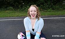 Sarah fingers her pierced nipples solo