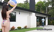 hammering a bikini babe's pussy while groping her huge tits