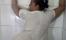 Seduce him with wet clothes, huge natural tits, and cowgirl riding on the bed!