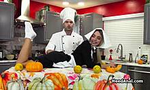 Chef Nick Oils Anal on Dinner Table