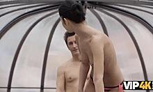 Slim brunette fucks old partner