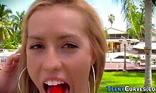 Booty teen 18+ rides a monster cock outdoors, ending with cum in mouth.