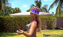 Booty teen 18+ rides a monster cock outdoors, ending with cum in mouth.