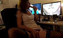 Blonde in satin panties and black corset contrasts doggy style with ass licking and muff diving