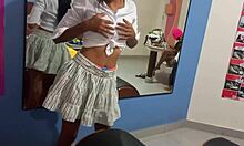 Latina ebony brunette touches her ass and tits in amateur mirror session.