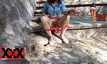 andy hot masturbating outdoors, showing tattooed ass and pussy