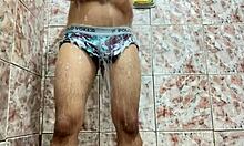 Guy pulls down his underwear revealing a hard dick for solo play