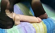 giving footjob with dildo in torn pantyhose, masturbating doggystyle