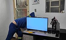 Young girl pays electrician with blowjob and sex