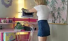 Blonde teen trying on lingerie gifts