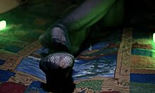 Milf housewife SHOWS her perfect toes through sexy fishnets in nylon stockings