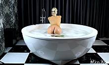 big busty tattooed blonde supermodel sucks monster cock in bubble bath, fucks doggystyle, swallows cum, kisses and swaps with partner