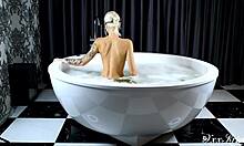 big busty tattooed blonde supermodel sucks monster cock in bubble bath, fucks doggystyle, swallows cum, kisses and swaps with partner
