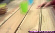 Lesbian teen 18+ babe licks pussy outdoors in camping group