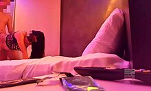 Karlita hotwife smokes a cock, sits her husband on a chair, puts on black garter, and fucks me in front of him