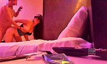 Karlita hotwife smokes a cock, sits her husband on a chair, puts on black garter, and fucks me in front of him