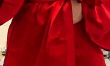 Brunette in red lingerie plays with herself