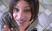 small biracial teen gives big cock blowjob while drinking beer