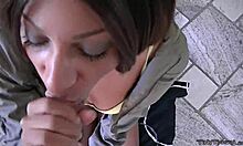 small biracial teen gives big cock blowjob while drinking beer