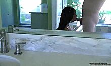 small biracial teen gives big cock blowjob while drinking beer