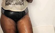 Ebony Babe Moans While Masturbating In Shower Fully Clothed