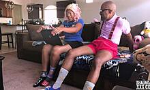 Nerd in lingerie bends over for monster black cock blowjob