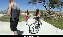 Tiny Asian teens learn to share one dick