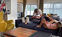 blonde housewife masturbates with toys at home, sucks boyfriend's monster cock on camera