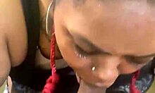 ebony bbw blowjob on black big cock between huge tits