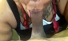 ebony bbw blowjob on black big cock between huge tits