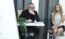 Young 18+ Natural Tits Girl Gets Teased And Gives Blowjob To Older Lecturer In Reality