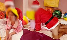Santa's creampie in tight Asian pussy during Christmas cosplay.