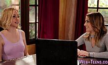 Finger Banged Blonde Teen 18+ Joins Brunette for Skinny Lesbian Threesome