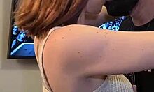 the redhead with the pink pussy bends over for doggystyle, sucking big cock and swallowing cum after orgasm.