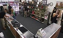 Nice tight body gets exposed in shop for doggystyle sex with couple