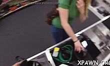 Nice tight body gets exposed in shop for doggystyle sex with couple