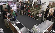 Nice tight body gets exposed in shop for doggystyle sex with couple
