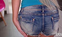 Blondie Lola N rides banana toy in kitchen to orgasm!