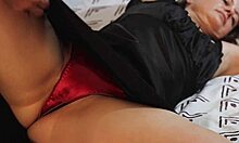 French amateur in satin dress enjoys blowjob and doggystyle