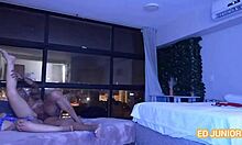 Well-endowed guy pounds carnival girl in red and sheer with deepthroat and anal riding