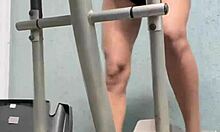 Brave girl licks pussy in the gym voyeur style