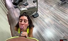 Intense risky public sex in the gym, ending with hot cum swallowing.