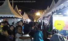 Walking alone to the crowd of people