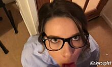 geeky employee blackmailed into sucking dick