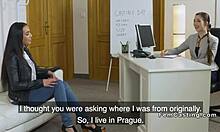 During a casting interview, the female agent licks the tanned slim model's pussy in the office.