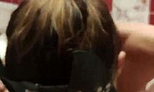 masked brunette gags on cock in bathroom doggystyle and cumshot