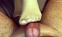 Cutie Gives Intense Footjob To Lover's Dick And Gets Powerful Cumshot!
