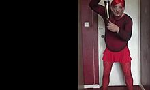 sissy crossdresser swallows piss, doesn't care who watches!