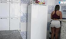 Caught hot maid cooking egg in kitchen